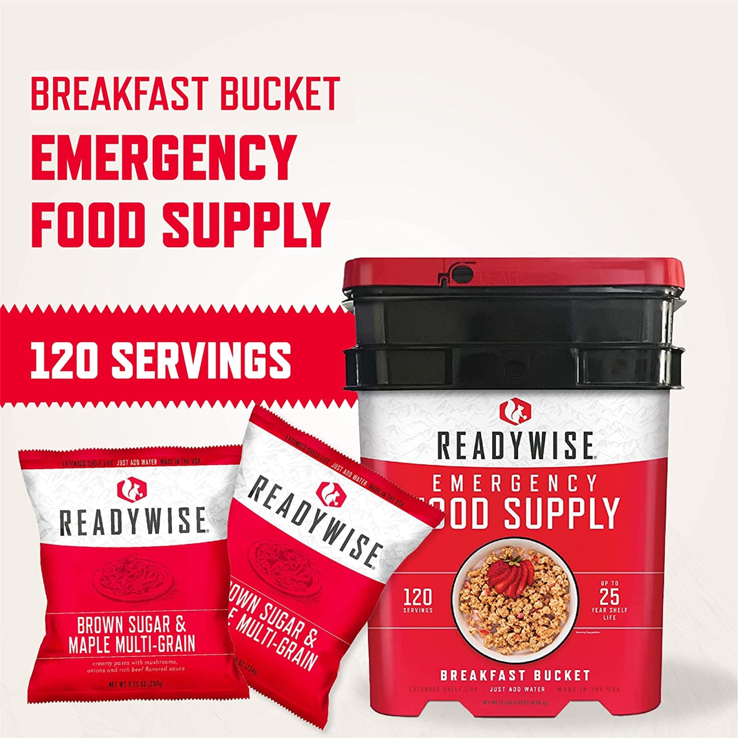ReadyWise, 120 Porcji, Śniadanie, 4 Różne Przepisy, Granola, Musli i Truskawki, Kubełek Grab & Go, Liofilizowane, Do 25 Lat Trwałości, Żywność Awaryjna
