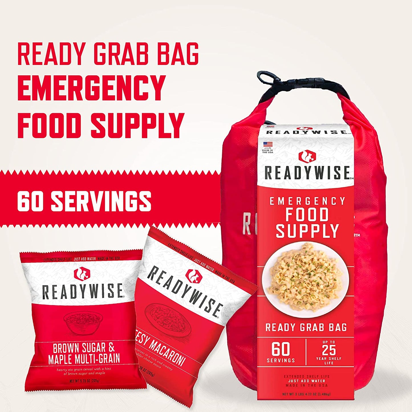ReadyWise, 60 porcji, Śniadanie, Obiad i Kolacja, Grab & Go Dry-Bag, Liofilizowane, Okres trwałości do 25 lat, Żywność awaryjna, 7 dni dla 1 osoby, 1 tydzień jedzenia