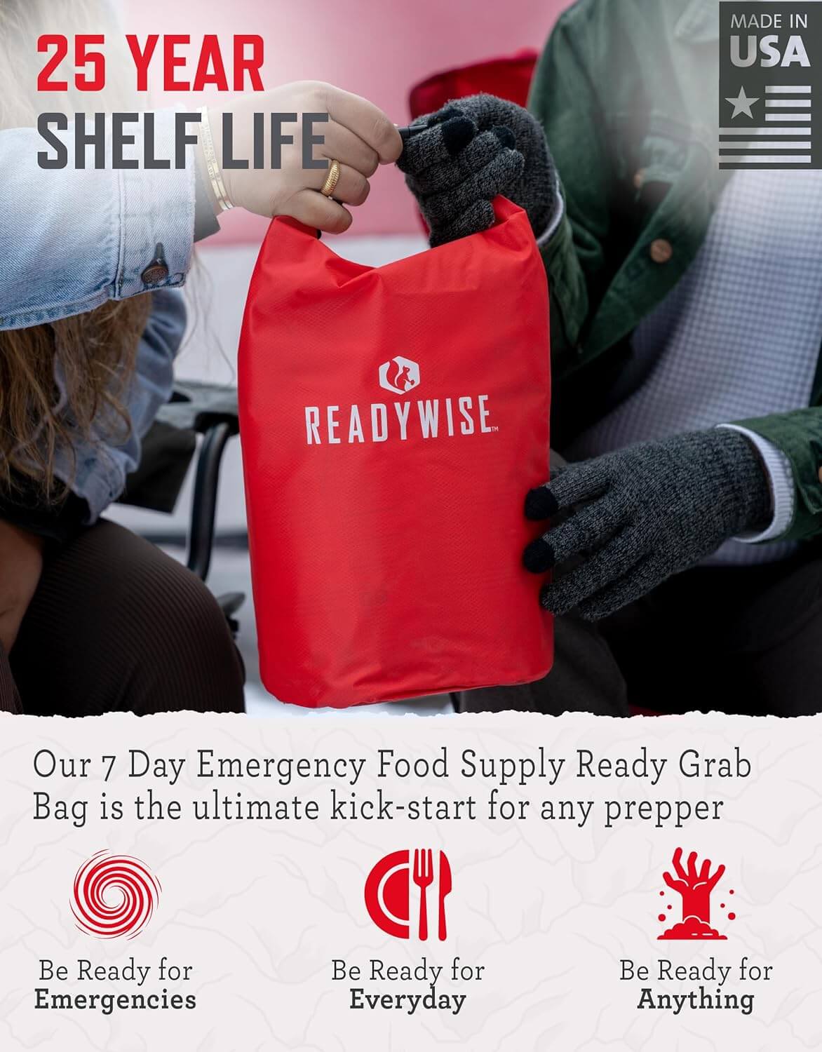 ReadyWise, 60 porcji, Śniadanie, Obiad i Kolacja, Grab & Go Dry-Bag, Liofilizowane, Okres trwałości do 25 lat, Żywność awaryjna, 7 dni dla 1 osoby, 1 tydzień jedzenia
