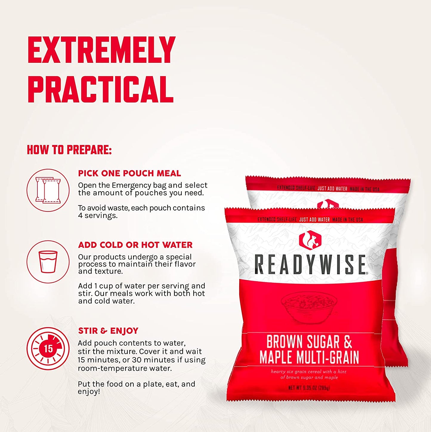 ReadyWise, 60 porcji, Śniadanie, Obiad i Kolacja, Grab & Go Dry-Bag, Liofilizowane, Okres trwałości do 25 lat, Żywność awaryjna, 7 dni dla 1 osoby, 1 tydzień jedzenia