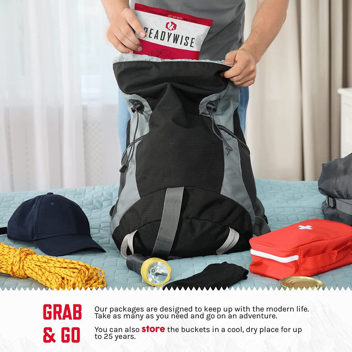 ReadyWise, 60 porcji, Śniadanie, Obiad i Kolacja, Grab & Go Dry-Bag, Liofilizowane, Okres trwałości do 25 lat, Żywność awaryjna, 7 dni dla 1 osoby, 1 tydzień jedzenia