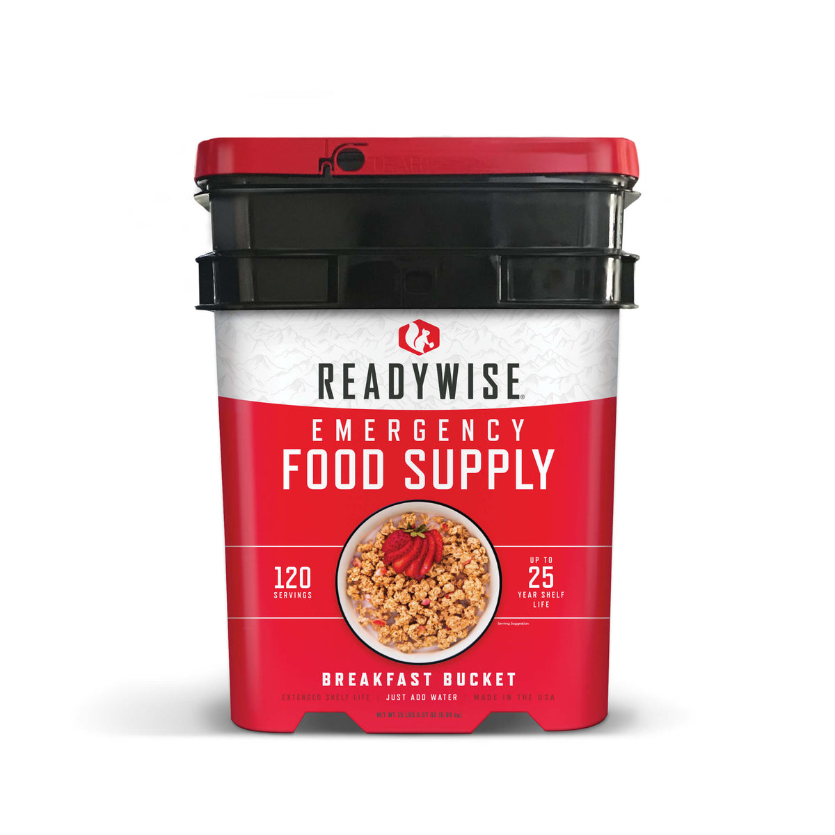ReadyWise, 120 Porcji, Śniadanie, 4 Różne Przepisy, Granola, Musli i Truskawki, Kubełek Grab & Go, Liofilizowane, Do 25 Lat Trwałości, Żywność Awaryjna