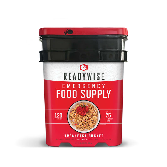 ReadyWise, 120 Porcji, Śniadanie, 4 Różne Przepisy, Granola, Musli i Truskawki, Kubełek Grab & Go, Liofilizowane, Do 25 Lat Trwałości, Żywność Awaryjna
