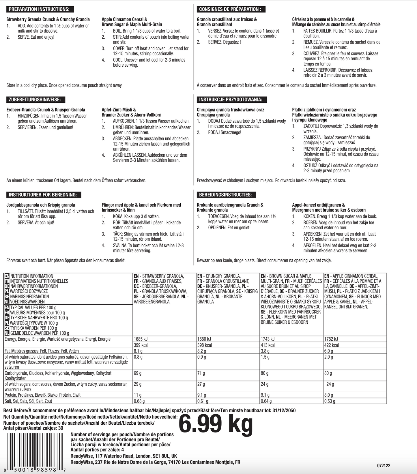 ReadyWise, 120 Porcji, Śniadanie, 4 Różne Przepisy, Granola, Musli i Truskawki, Kubełek Grab & Go, Liofilizowane, Do 25 Lat Trwałości, Żywność Awaryjna