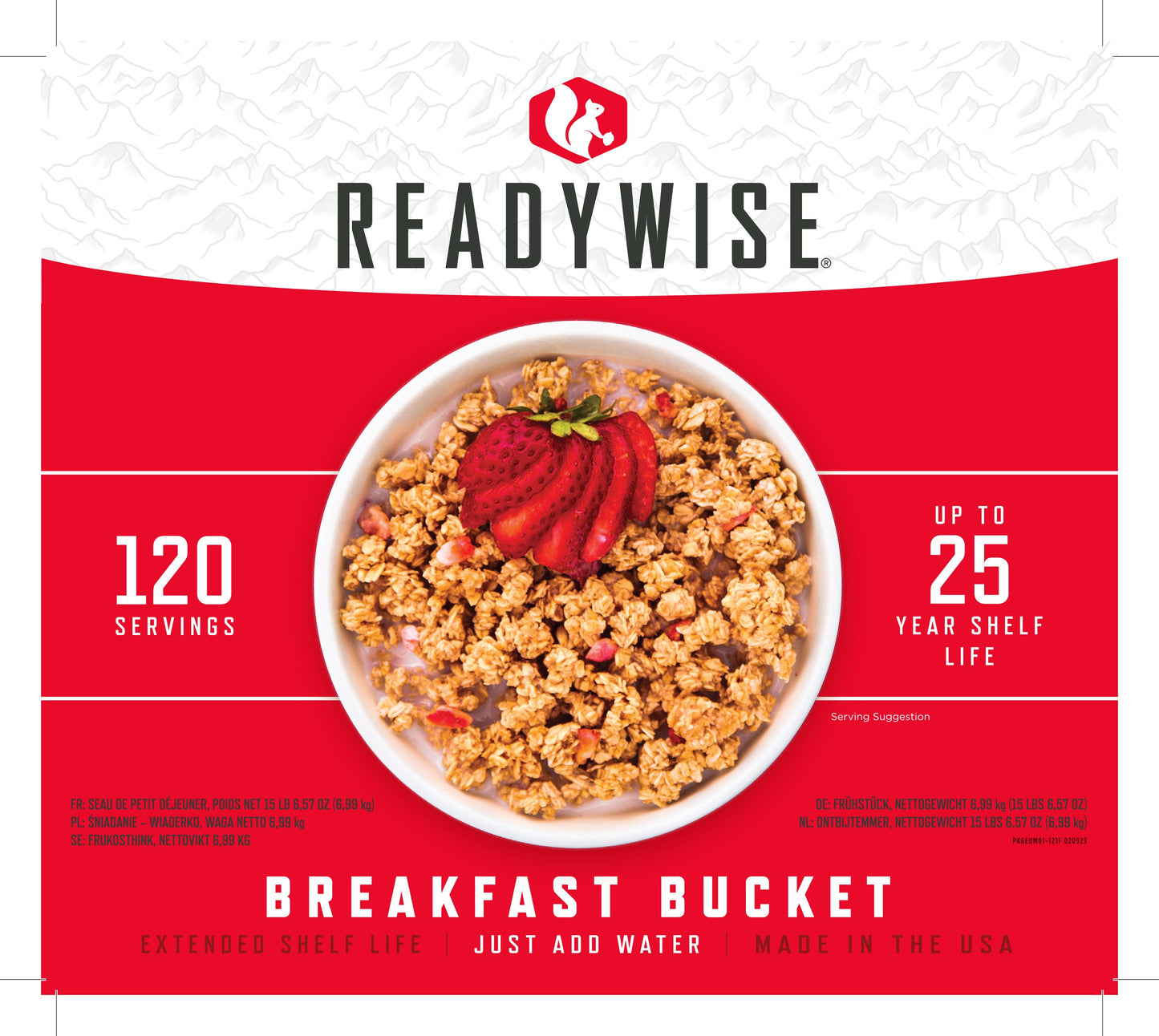 ReadyWise, 120 Porcji, Śniadanie, 4 Różne Przepisy, Granola, Musli i Truskawki, Kubełek Grab & Go, Liofilizowane, Do 25 Lat Trwałości, Żywność Awaryjna