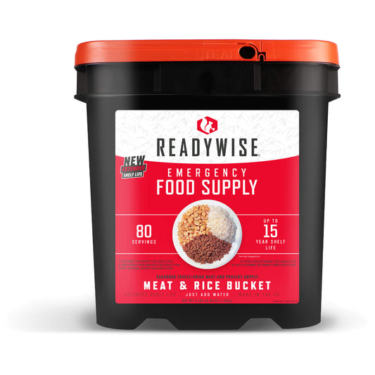 ReadyWise, 80 Porcji, Kubełek Z Mięsem i Ryżem, Pieczona Wołowina i Kurczak, Zestaw Żywnościowy Grab & Go, Liofilizowane, Do 15 Lat Trwałości, Żywność Awaryjna